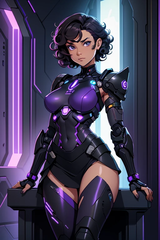 A beautiful, young, barefoot cyborg woman, wearing cybernetic technological black and purple body armor with a skirt, prosthetic arms and legs , with short shoulder-length curly hair, in a futuristic room, confident facial expression.