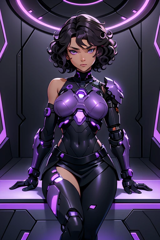 A beautiful, young, barefoot cyborg woman, wearing cybernetic technological black and purple body armor with a skirt, prosthetic arms and legs , with short shoulder-length curly hair, in a futuristic room, confident facial expression.