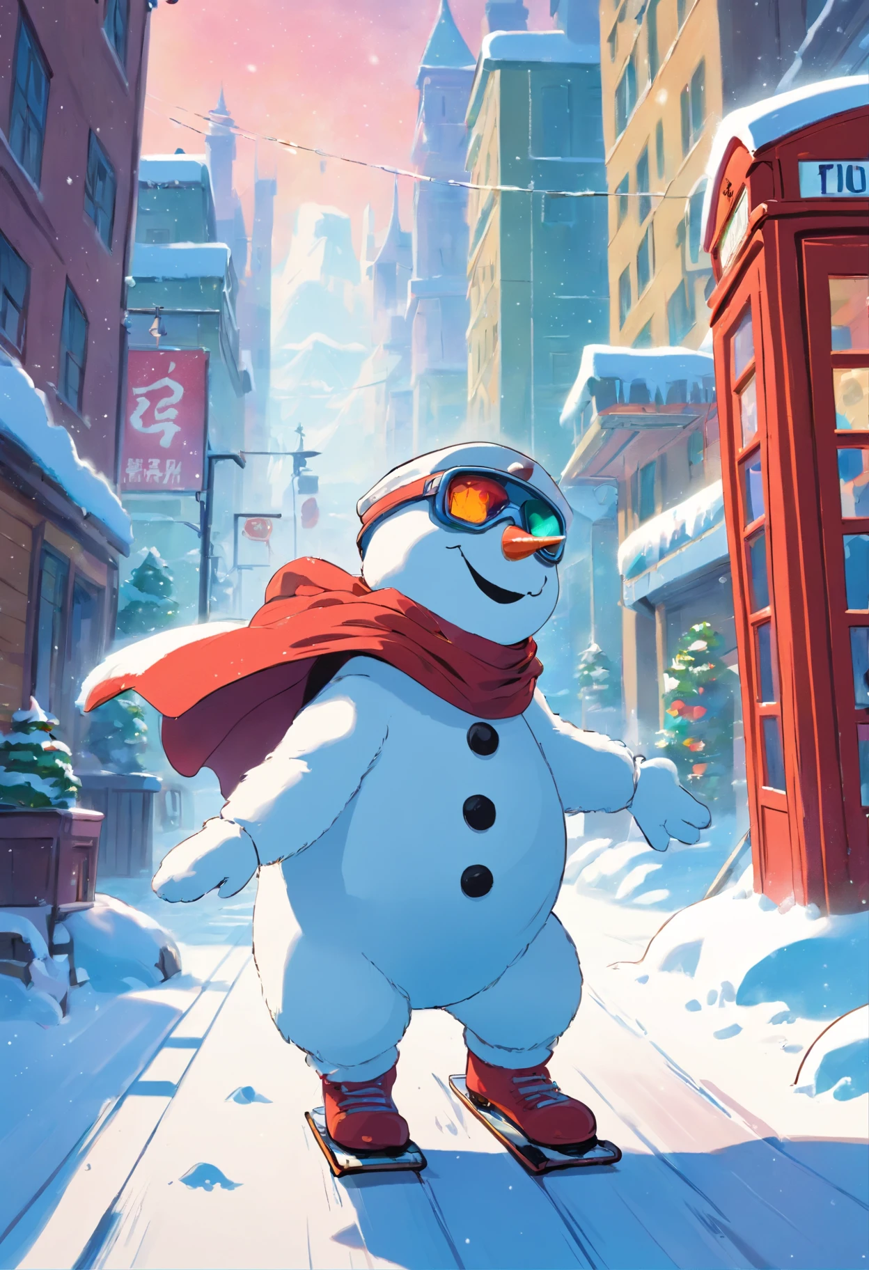"In an 80s cartoon style, a snowman takes on the role of a superhero in a charming scene. Dressed in a vibrant cape and heroic accessories, the snowman displays a happy face as he waits for a bus. Positioned Centrally in the image, he stands in front of an iconic red telephone booth. Intricate details, such as the texture of the snow and the cheerful lines, make for a true masterpiece. The complex, high-quality background adds depth to the scene, highlighting the lively atmosphere of classic 80s cartoons." Snowboarding shot, ice, Snowstorm