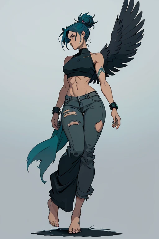 Side depiction of a barefoot woman with giant robotic raven wings, teal hair in a messy bun, wearing a shabby black croptop and tattered grey pants, floating in a dynamic pose.
