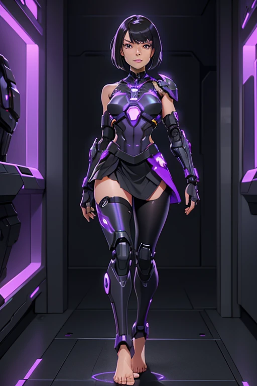 A beautiful, young, barefoot cyborg woman, wearing cybernetic technological black and purple body armor with a skirt, prosthetic arms and legs , with short shoulder-length hair, in a futuristic room, confident facial expression.