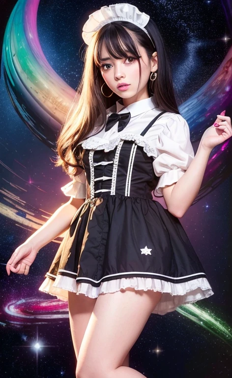 masterpiece, best quality, masterpiece,best quality, best art, highly detailed face, full body, highly realistic, cute, young girl, big eyes, long eyelashes, multicolored hair, multicolored eyes, shiny skin, full lips, big lips, shiny skin, blushing, magnificent view, in space, starry background, stars, shining light, multicolored light, maid costume