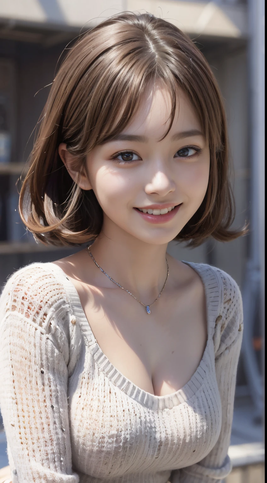 Ultra-detailed, Photorealistic, hight resolution, 1girl in, extra detailed face, Detailed eyes, detailed hairs, Detailed clothing, 4K、Knitted sweaters、A big smile