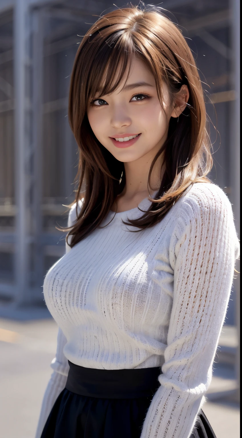 A close up of a woman in a white sweater and black skirt - SeaArt AI