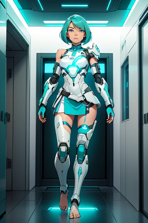 A beautiful, young, barefoot cyborg woman, wearing cybernetic technological white and teal body armor with a skirt, prosthetic arms and legs , with short shoulder-length hair, in a futuristic room, confident facial expression.