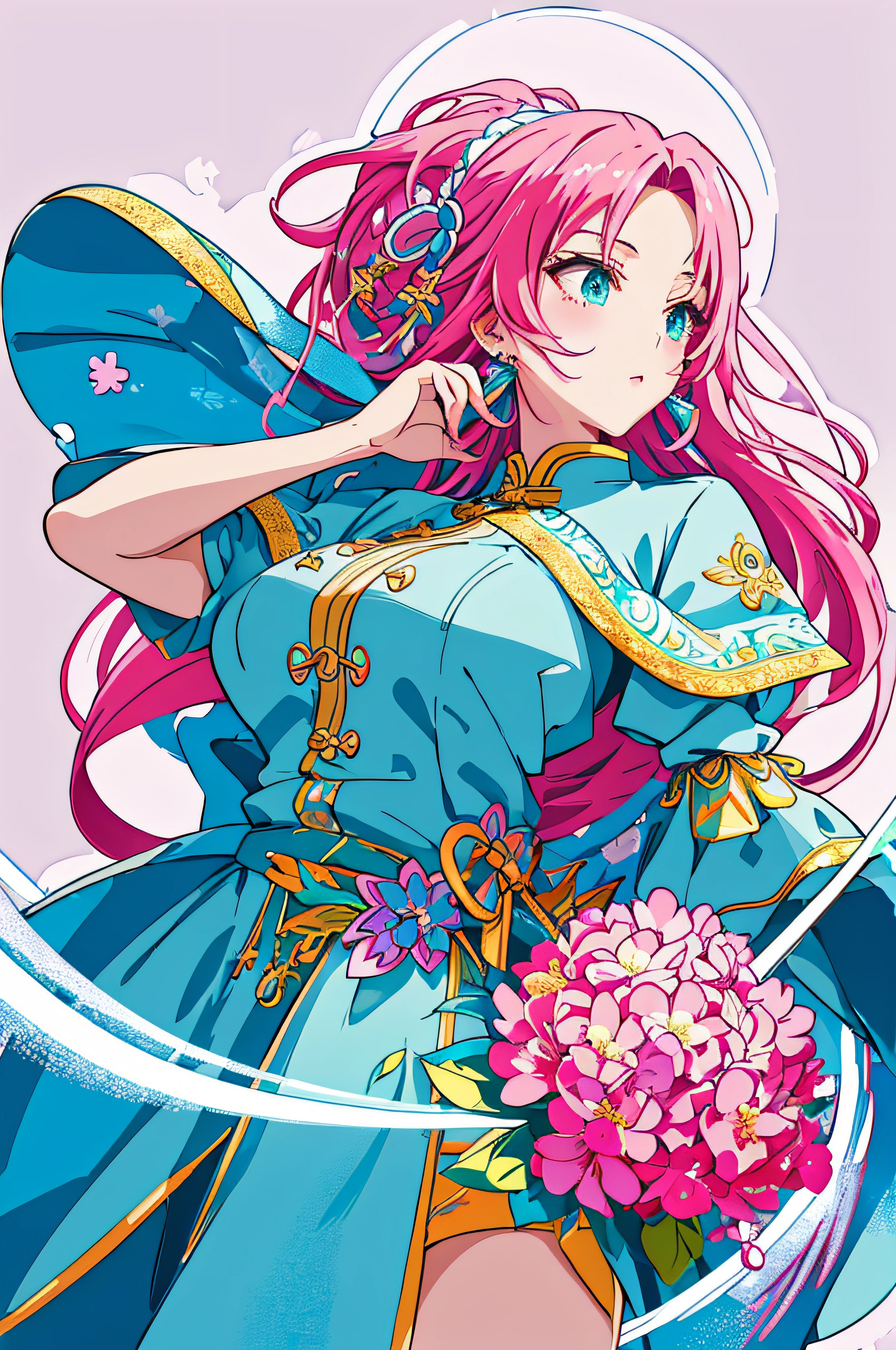((a sticker)),a sticker,1个Giant Breast Girl, with sword, white backgrounid,simple backgound,concept-art,under art,style of anime,dreamland wonderland、Fantastical,tmasterpiece,k hd,plethora of colors,detailed detail,Seven colors,(Best quality at best,tmasterpiece, iintricate,hyper-detailing,8k ultra high definition,超高分辨率,The is very detailed),