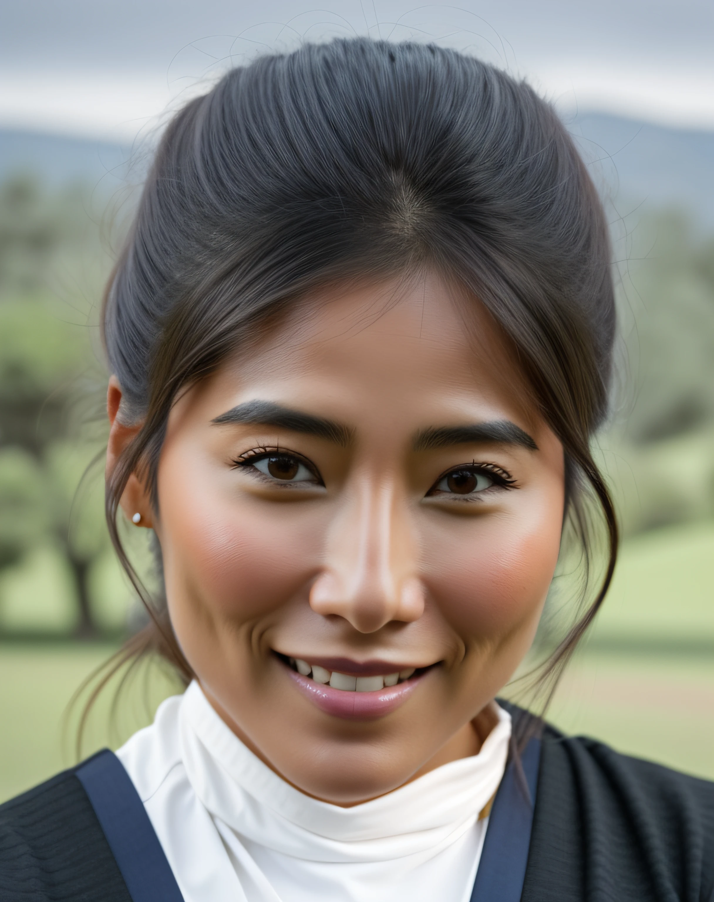 hay una mujer con una sonrisa muy grande en su rostro, Maya Takamura, inspirado por Olive Mudie-Cooke, Cara restaurada realista, Retrato de Lumastina Celerraria, Cara realista, Retrato VFX altamente detallado de, inspirado en Thomas Millie Dow, Itsuko Azuma, Retrato de personaje en primer plano, Primer plano de la cara, Retrato VFX altamente detallado