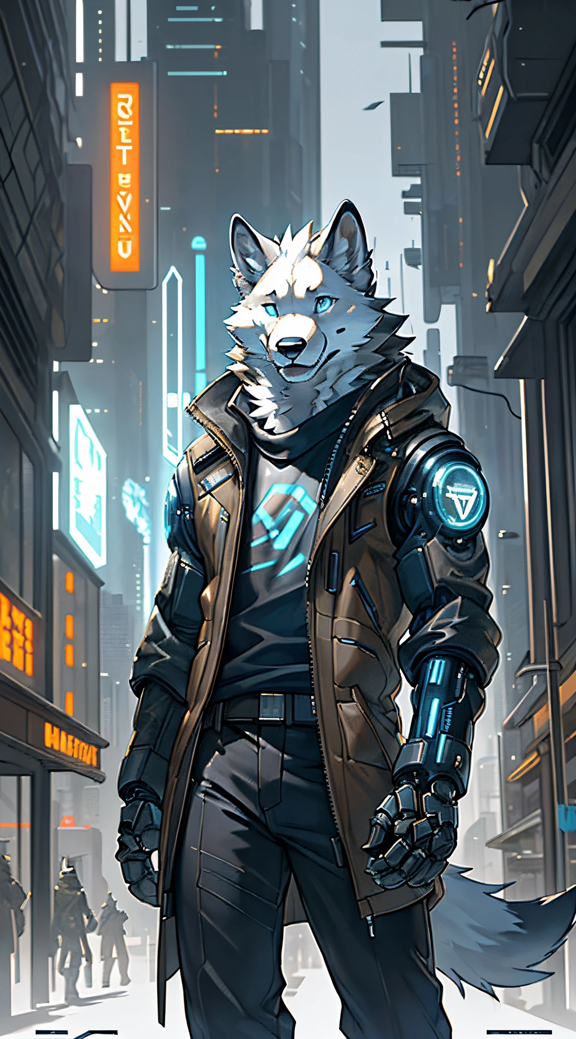 Front view, (cyberpunk 2077 game):1.4 full height, anthro (white wolf), male, white wolf, adult, solo, skinny:1, slim:1 build, tall,  (brown:1 futuristic high tech cloths, brown vest, coat), dark pants, robotic paws, correct anatomy, tail, skinny:1.9, (white:1 fur, detailed fur:1.4), smiling, (high quality ultradetailed:1 blue eyes), futuristic city background, photorealistic, hyperrealistic, ultradetailed, (masterpiece:1.2), epic, natural lighting, (by takemoto arashi, by meesh, by Taran Fiddler)