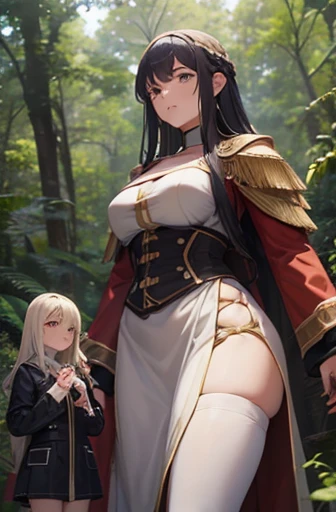 (height_difference:1.6), (size_difference:1.4), giantess, forest, path, (2girls:1.5), adventurer clothing, , (yuri:1.4), giantess, minigirl, two girls together, she is much taller than her, a giantess looking down at a minigirl, a giantess looming over a minigirl, eyes, face, collarbone, a giantess with a minigirl in front of her breasts