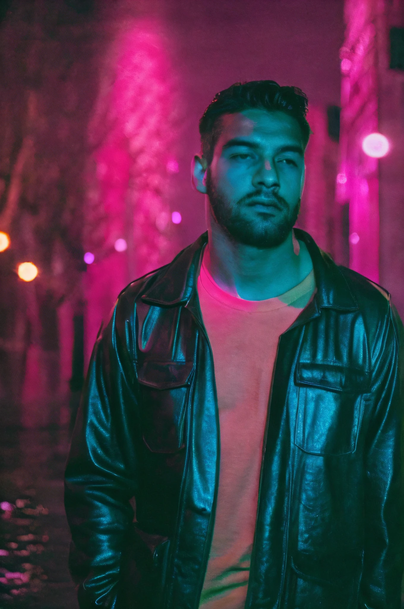 portrait photo of a beautiful man, short hair, bokeh, rain, natural grain, leather jacket, film grain, pink light, blue light, colorful light, night, dark scene, deep photo