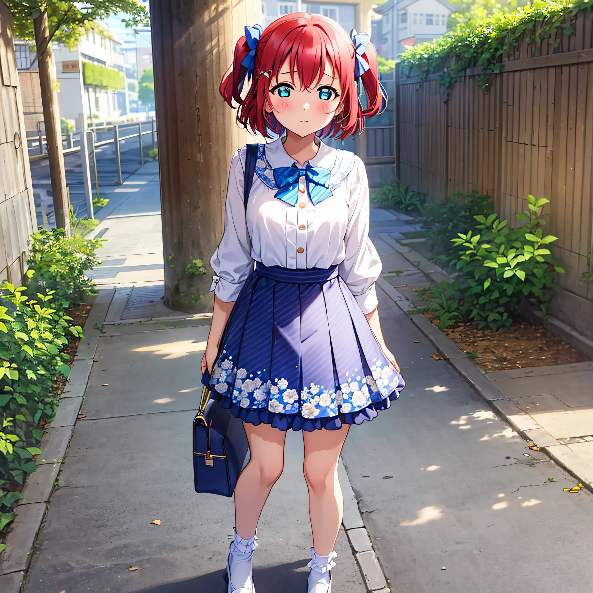 1girl, bag, kurosawa ruby, red hair, short hair, two side up, flat chest small breast,,  blush, Woman standing alone in a playground, white blouse with blue floral pattern, blue bow tie, ruffled blue skirt, white ankle length socks, wearing pumps, white light background INFO