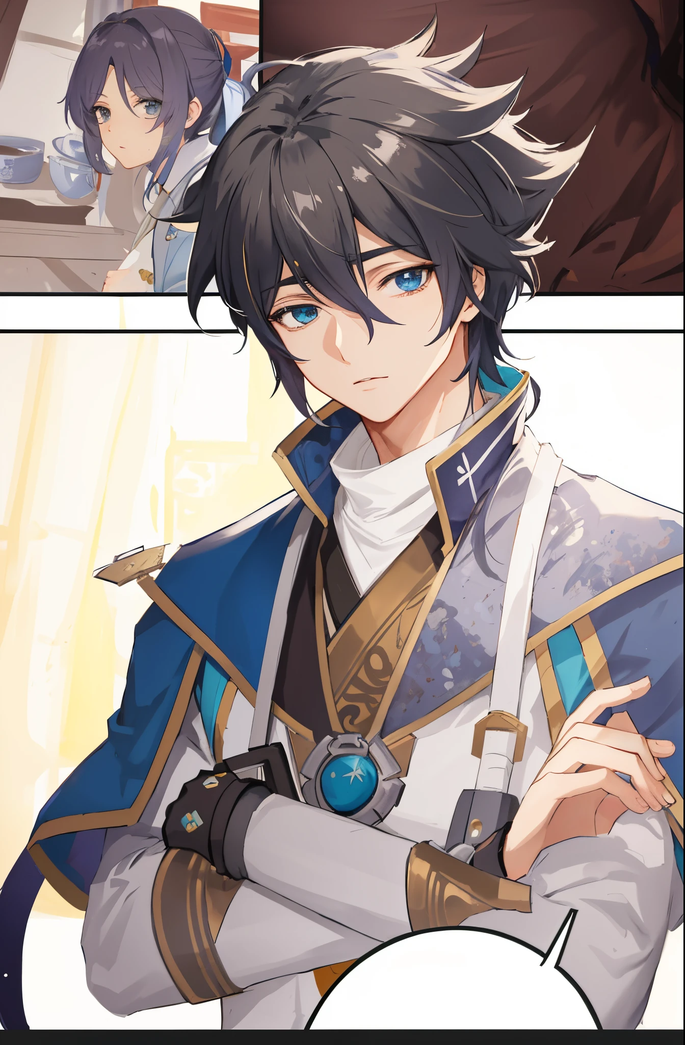 uma imagem de desenho animado de um homem com uma roupa azul e branca, Keqing de Genshin Impact, Personagem Genshin Impact, Genshin, Zhongli, Genshin Impact, estilo de impacto Genshin, inspirado em Okumura Masanobu, Impacto Genshin, handsome prince, Zenra Taliyah, Taliyah, Heise Jinyao, Lazy Boy, garoto fraco, desanimado, garoto com sono, rosto com sono