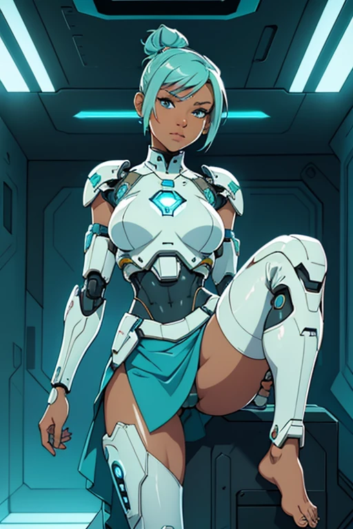 A beautiful, young, barefoot cyborg woman, wearing cybernetic technological white and teal body armor with a skirt, prosthetic arms and legs , with short hair in a bun, in a futuristic room, confident facial expression.