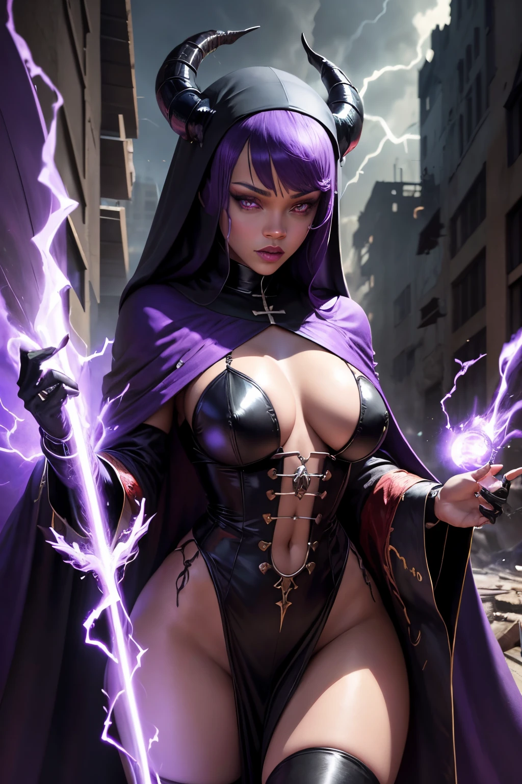 Rihanna : The evil nun, Demon horn, Demon wings on the head , sexy robe de nonne, Powerful bolts of destructive purple energy shoot out of his hands, His powerful magic hits the buildings of a destroyed city , Satanic, detailled eyes, detailed hands