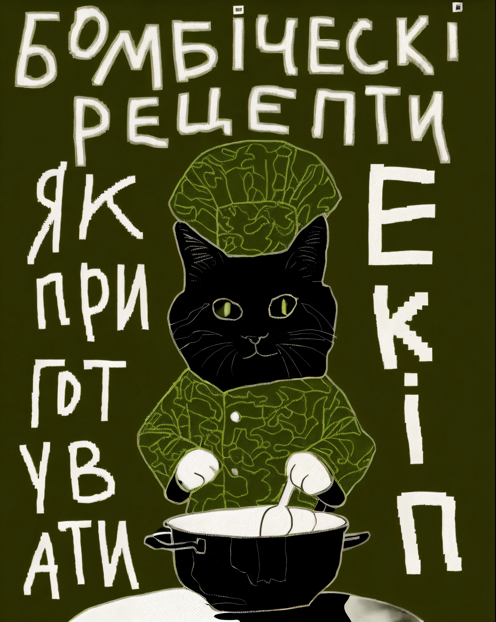 ms pixel art there is a cat wearing a chef hat and a green camouflage outfit, the cat cooks soup, !!! cat!!!, elokitty, poster