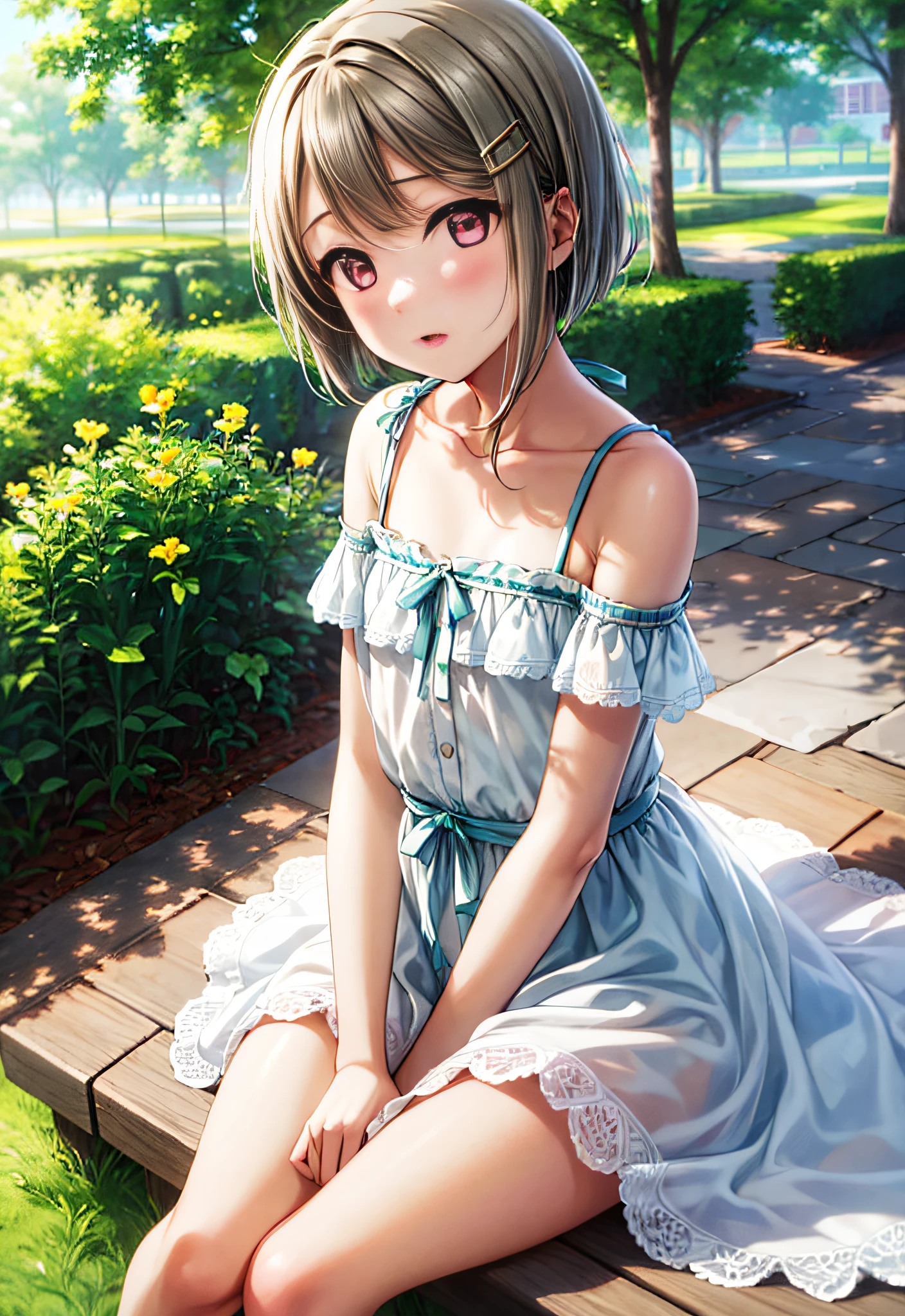 girl, solo, masterpiece, best quality, 8k, high resolution, sitting on the blanket,, light green dress, light white sun dress, in the park, 1 girl, short hair , , kasumi nakasu, magenta eyes,short hair, hair clip, small breast, flat chest, blush, bow, ,,masterpiece, highly detailed face, highly detailed eyes, highly detailed background, perfect