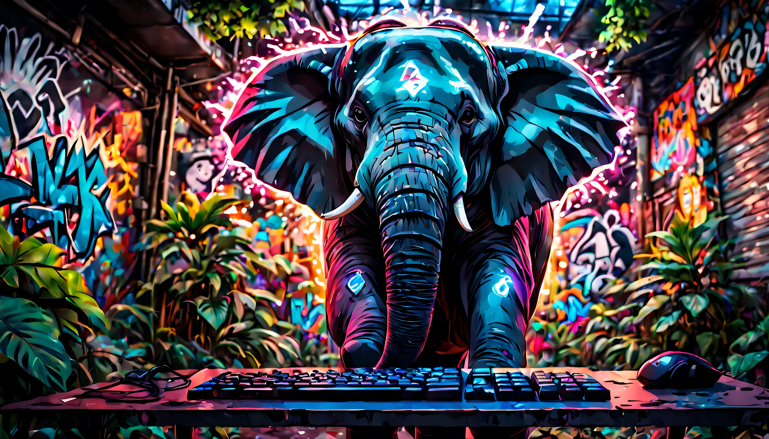 Graffiti style anime style, adventurer elephant, dense jungle, holding a LED gaming keyboard. Street art, vibrant, urban, detailed, tag, mural, high quality photography, 3 point lighting, flash with softbox, 4k, Canon EOS R3, hdr, smooth, sharp focus, high resolution, award winning photo, 80mm, f2.8, bokeh