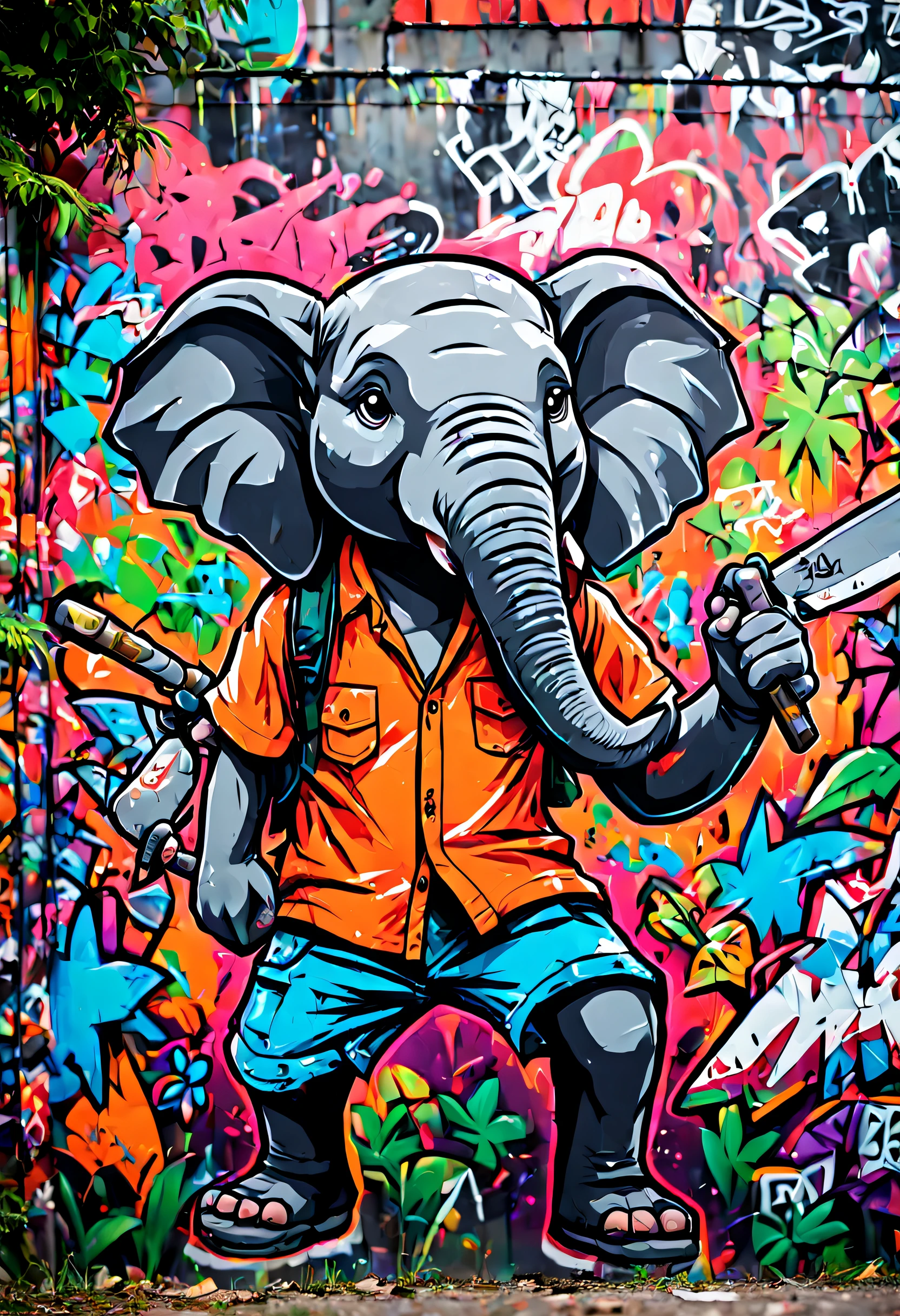 Graffiti style anime style, adventurer elephant, dense jungle, holding a machete . Street art, vibrant, urban, detailed, tag, mural, high quality photography, 3 point lighting, flash with softbox, 4k, Canon EOS R3, hdr, smooth, sharp focus, high resolution, award winning photo, 80mm, f2.8, bokeh