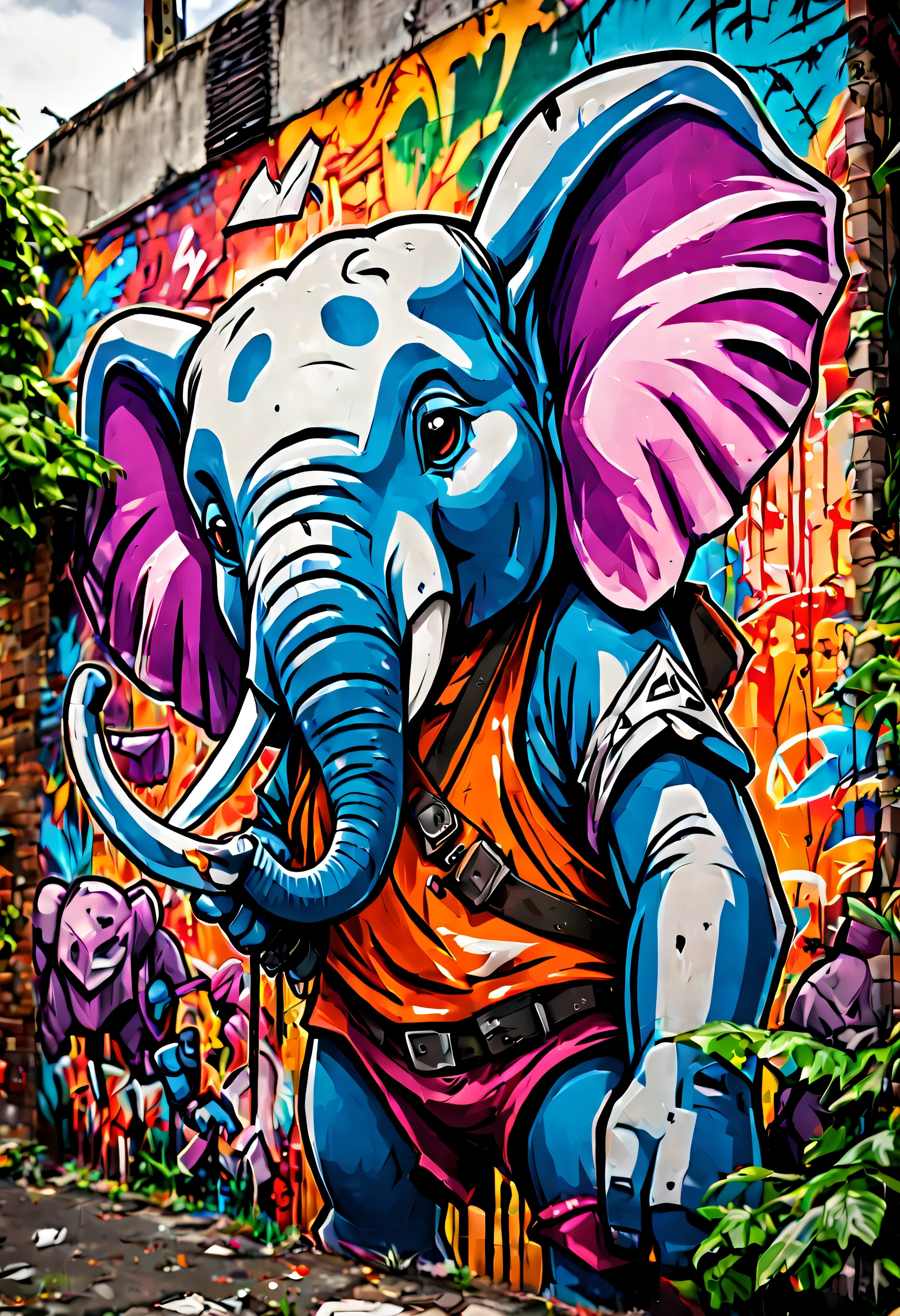 Graffiti style anime style, adventurer elephant, dense jungle, holding a machete . Street art, vibrant, urban, detailed, tag, mural, high quality photography, 3 point lighting, flash with softbox, 4k, Canon EOS R3, hdr, smooth, sharp focus, high resolution, award winning photo, 80mm, f2.8, bokeh