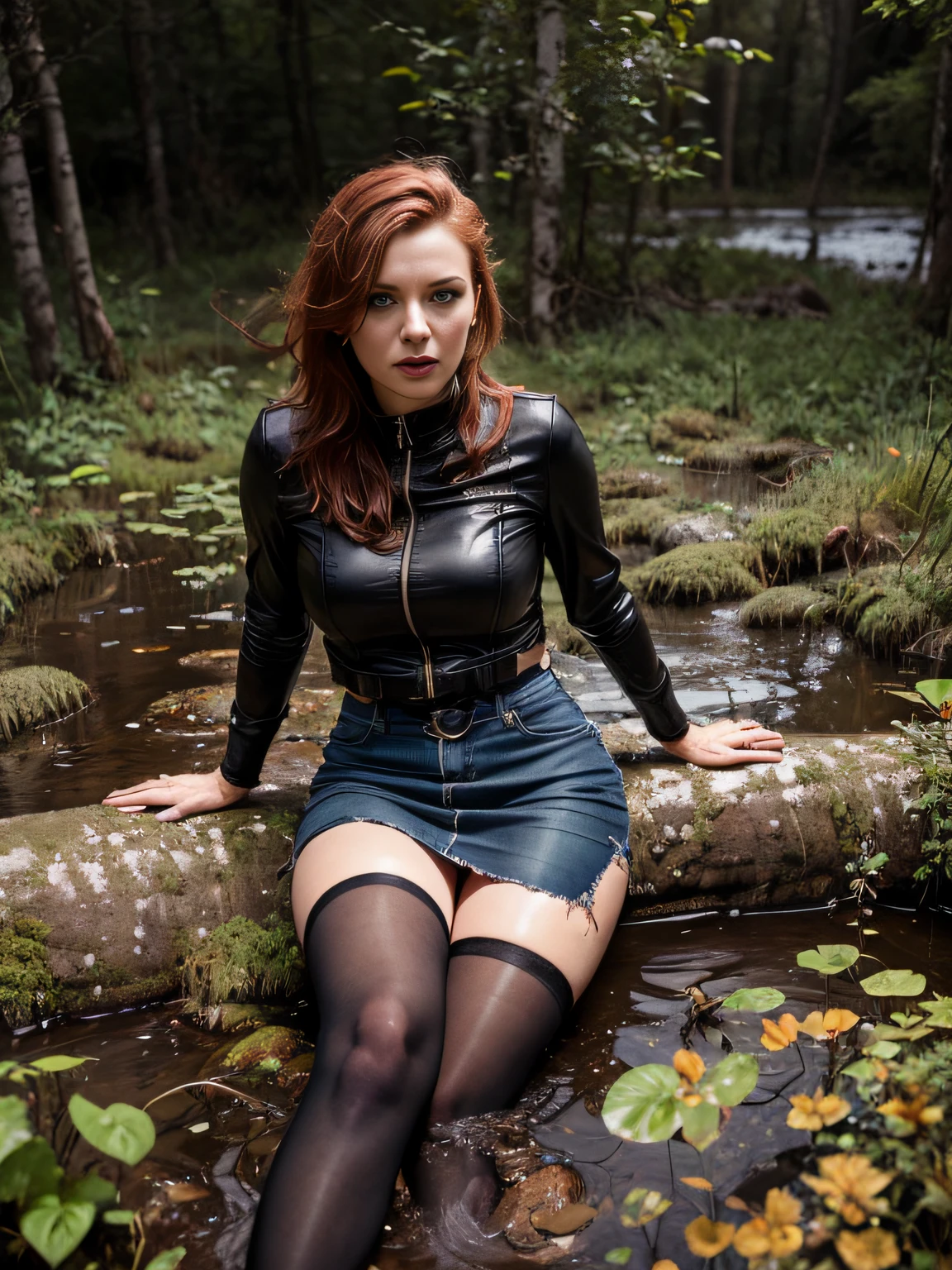(magazine cover, Attention-grabbing, heading, stylish, font, memorable, heading, big, Sensation), Hyper-realistic, ultradetailed, tmasterpiece. (Gloomy Forest:1.2), An old woman, standingn, (drowning in a bog:1.3). jeans skirt, (lace stockings:1.2), leather jacket, (worn out:1.3), blouse, short coppery red hair, gloomy ecstasy, Breaking taboos, Forbidden passion, Imminent Doom
