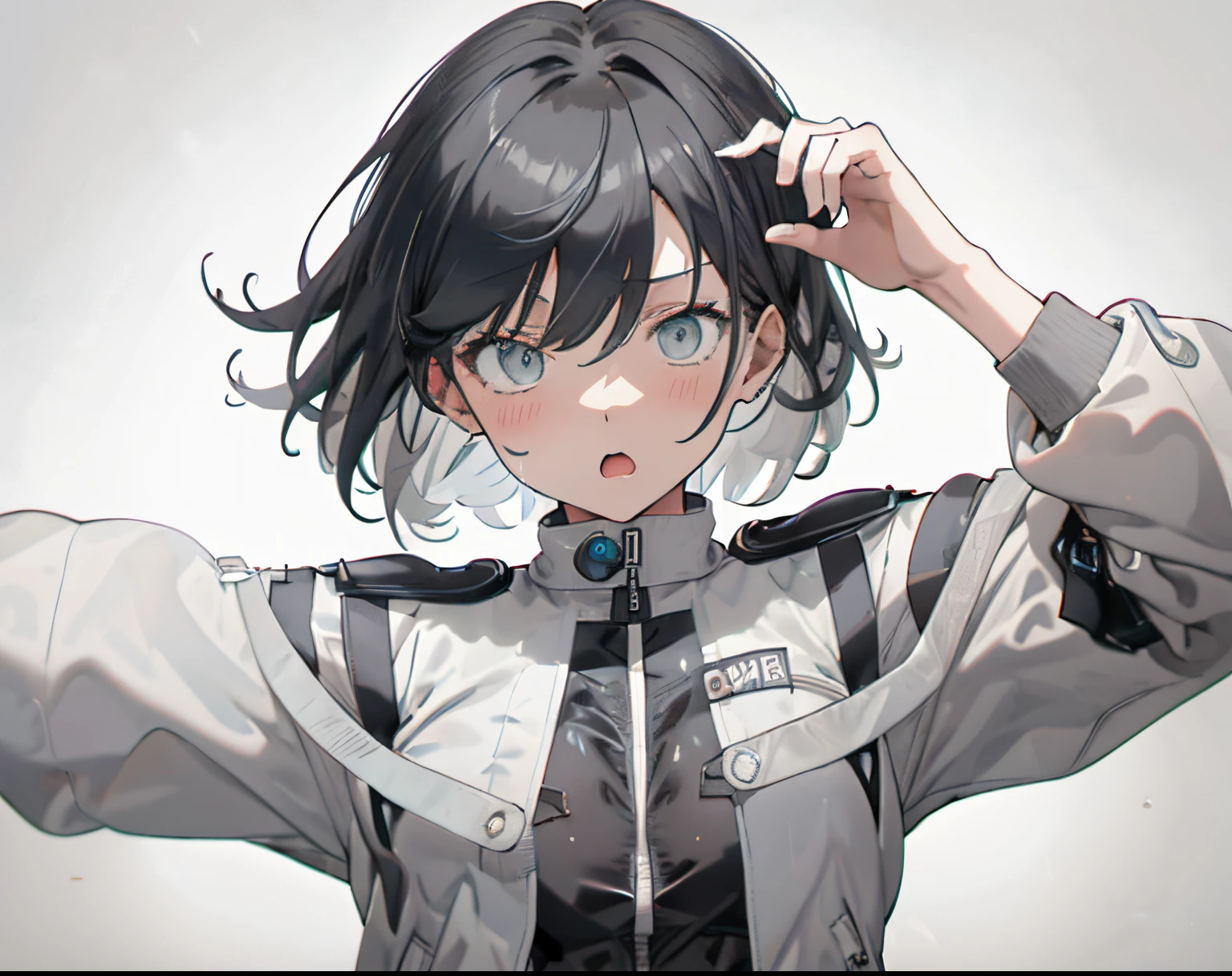 【Highest Quality, masutepiece】 [girl, Manteau, expressioness, Turquoise eyes, front facing, jet-black hair, Jacket comes off, Upper body] (Gray white background:1.7), Surprised, Sheer, Wet,