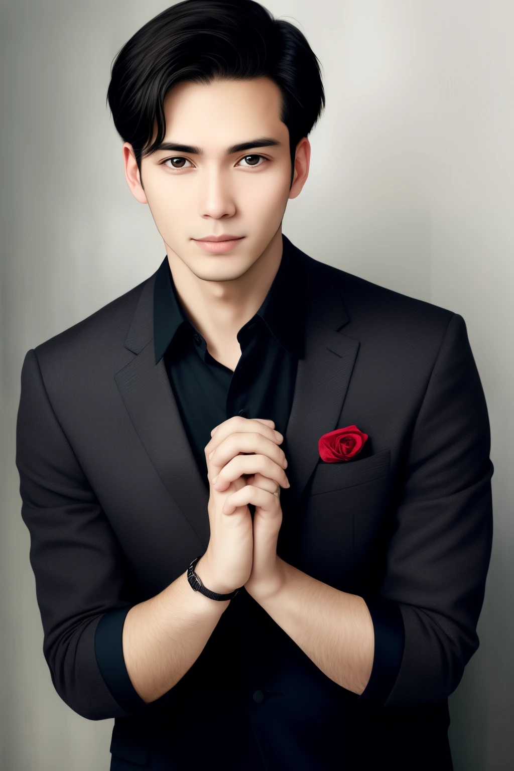 realistic style, young man, 32 years old, white skin, no beard, smooth face, black hair, brown eyes, saying a prayer