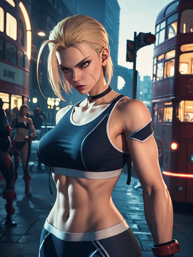 Andoid 18 como a cammy, "(requintadamente detalhado CG unidade 8k papel de parede, qualidade de obra-prima com realismo impressionante), (best ilumination, Melhor sombra), (best quality), (elegant and demonic style:1.2), Significado moderno de anime. Angled view, heroic pose, Closeup full length portrait medium shot of cammy, Navy blue sports bra, jaqueta aberta azul claro, calcinha azul marinho, luvas vermelhas, abdominal muscle, Muscle, (olhos olhando para o espectador:1.0), Abs, efeito de desfoque de profundidade de campo, Noite, zoom total, action portrait, fotorrealista. Cinematic lighting, altamente detalhado. best quality, 4k, Better hand, anatomia perfeita, inclinando-se para a frente, effects of previous shortening, (cute coy flirt sexy expression), prior shortening effect, (olhos penetrantes:0.8), cercado por uma atmosfera sinistra e escura, accentuated by dramatic and striking lighting, imbued with a sense of surreal fantasy", (maduro:0.5) (Noite:1) (pronto para lutar:1.4) (Pose de alongamento:1) (red double-decker bus in the background:1) (na cidade de Londres:1)