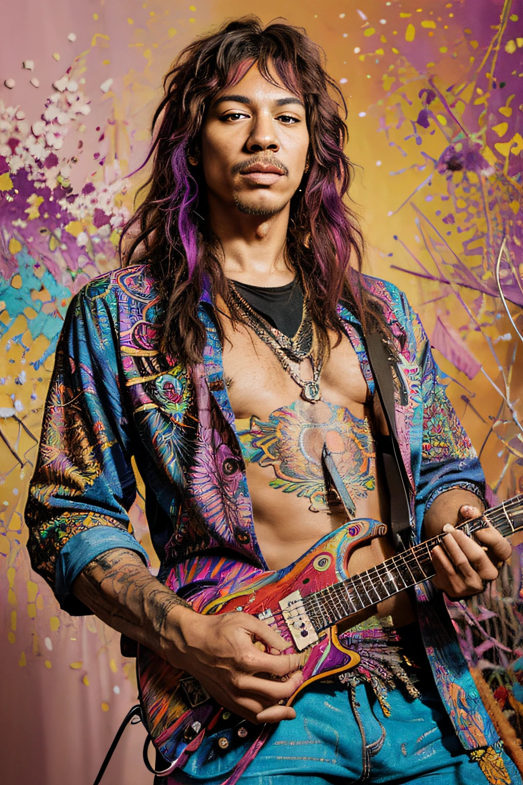 jimi hendrix playing guitar left-handed, psychedelia,vivid color scheme,surreal, expressive,acrylic palette knife,mixed media, intricate details,highly detailed,in the style of carne griffiths,brom,kaethe butcher,deviantart,
trending on artstation, 16k *image flipped in PS to show him left-handed*