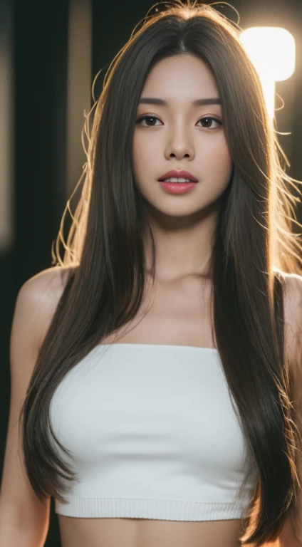((Realistic lighting, Best quality, 8K, Masterpiece: 1.3)), Clear focus: 1.2, 1girl, Perfect Figure: 1.4, Slim Abs: 1.1, ((Dark brown hair)), (White crop top: 1.4), (Outdoor, Night: 1.1), City streets, Super fine face, Fine eyes, Double eyelids, beautiful long hairs, crazy long hairs, super long hairs, long hair, white hair, crazy long hairs, super long hairs