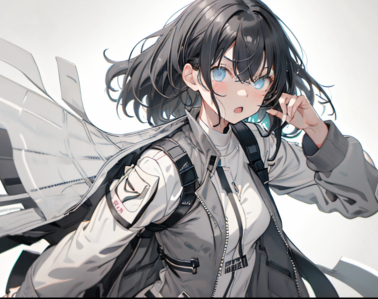 【Highest Quality, masutepiece】 [girl, Manteau, expressioness, Turquoise eyes, front facing, jet-black hair, Jacket comes off, Upper body] (Gray white background:1.7), Surprised, Sheer, Wet,