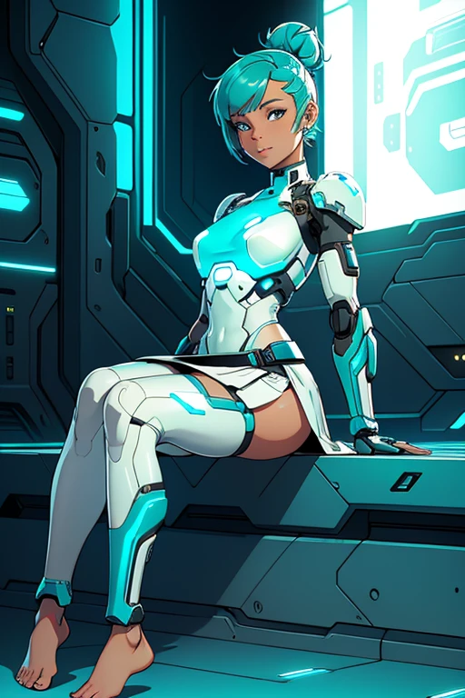1girl,solo, short hairs,multicolored hair ,light blue eyes, curvy,humanoid robot, joints, robot, robot joints, shiny, shiny skin, thighs, robot, humanoid robot, robot girl,smile, (window:1.4),science fiction,short shorts ,sleeveless jacket ,sci-fi ,factory,floating monitor,retrowave, (space in background,planet,sun,galaxy,star,earth),inside spaceship,covered nipple