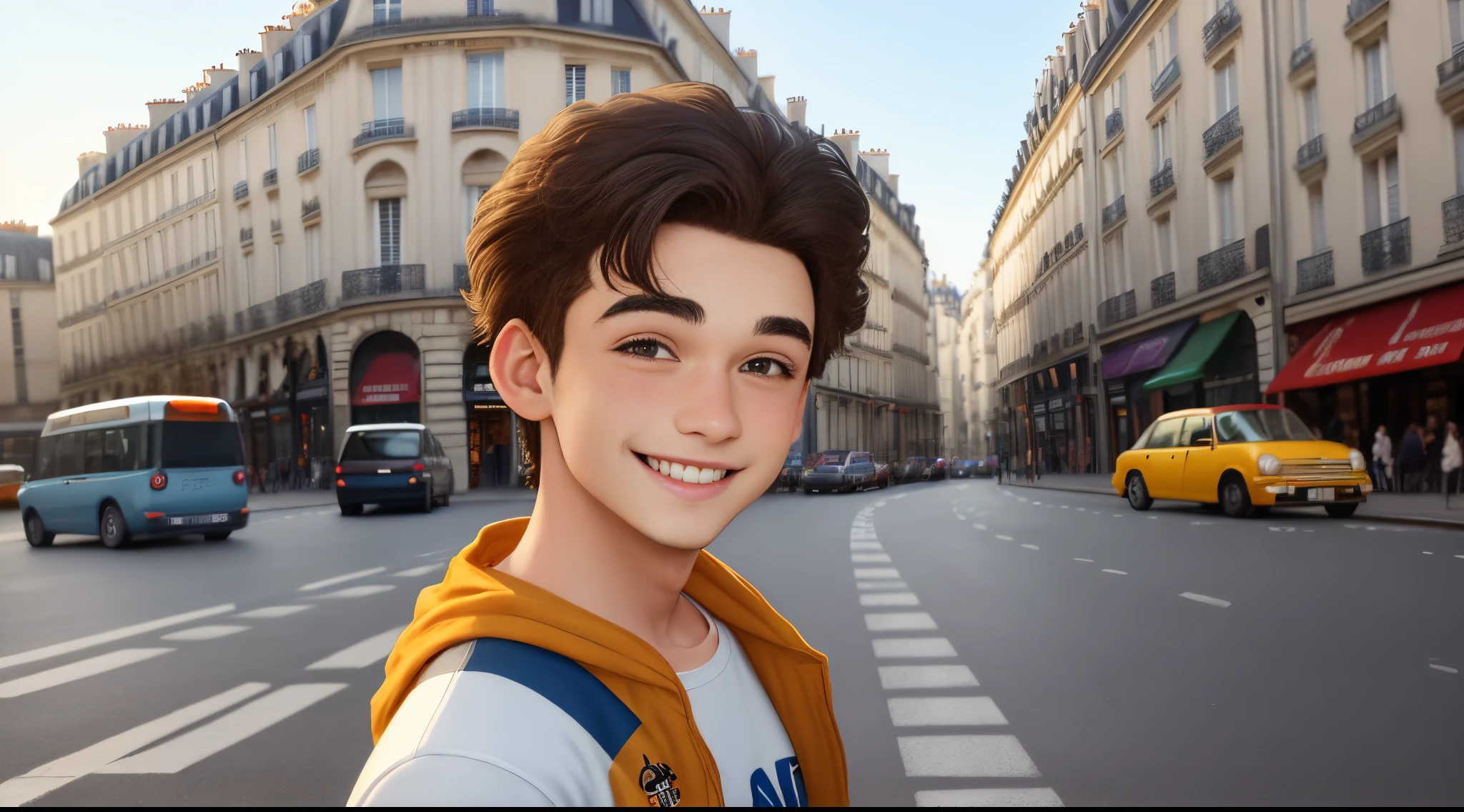 uma joven de 19 anos, alta 1,68, pele parda, cabelos aos ombros lisos e castanhos, olhos puxados pequenos e castanhos, estilo alfaiataria, andando sobre as ruas de Paris, sorrindo e feliz, crie no estilo pixar