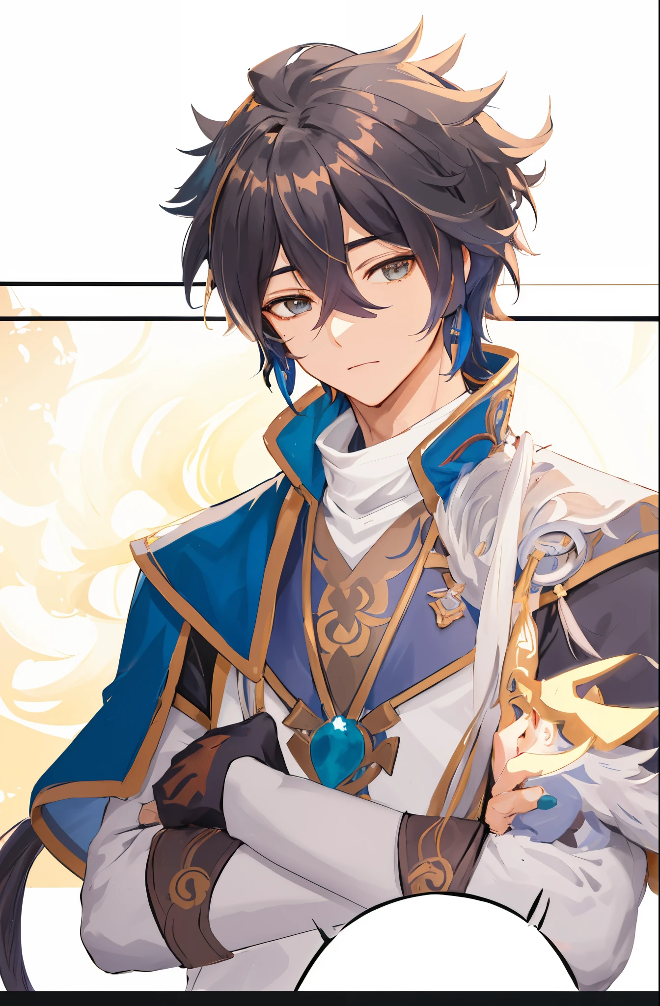 uma imagem de desenho animado de um homem com uma roupa azul e branca, Keqing de Genshin Impact, Personagem Genshin Impact, Genshin, Zhongli, Genshin Impact, estilo de impacto Genshin, inspirado em Okumura Masanobu, Impacto Genshin, handsome prince, Zenra Taliyah, Taliyah, Heise Jinyao, Lazy Boy, garoto fraco, desanimado, garoto com sono, rosto com sono