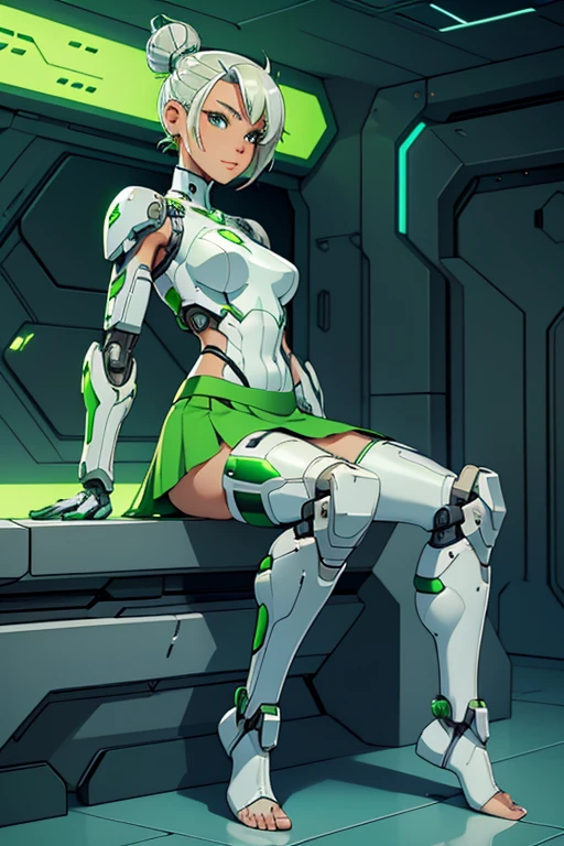 A beautiful, young, barefoot cyborg woman, wearing cybernetic technological white and green body armor with a skirt, prosthetic arms and legs , with short hair in a bun, in a futuristic room, sitting on the ground, happy facial expression.