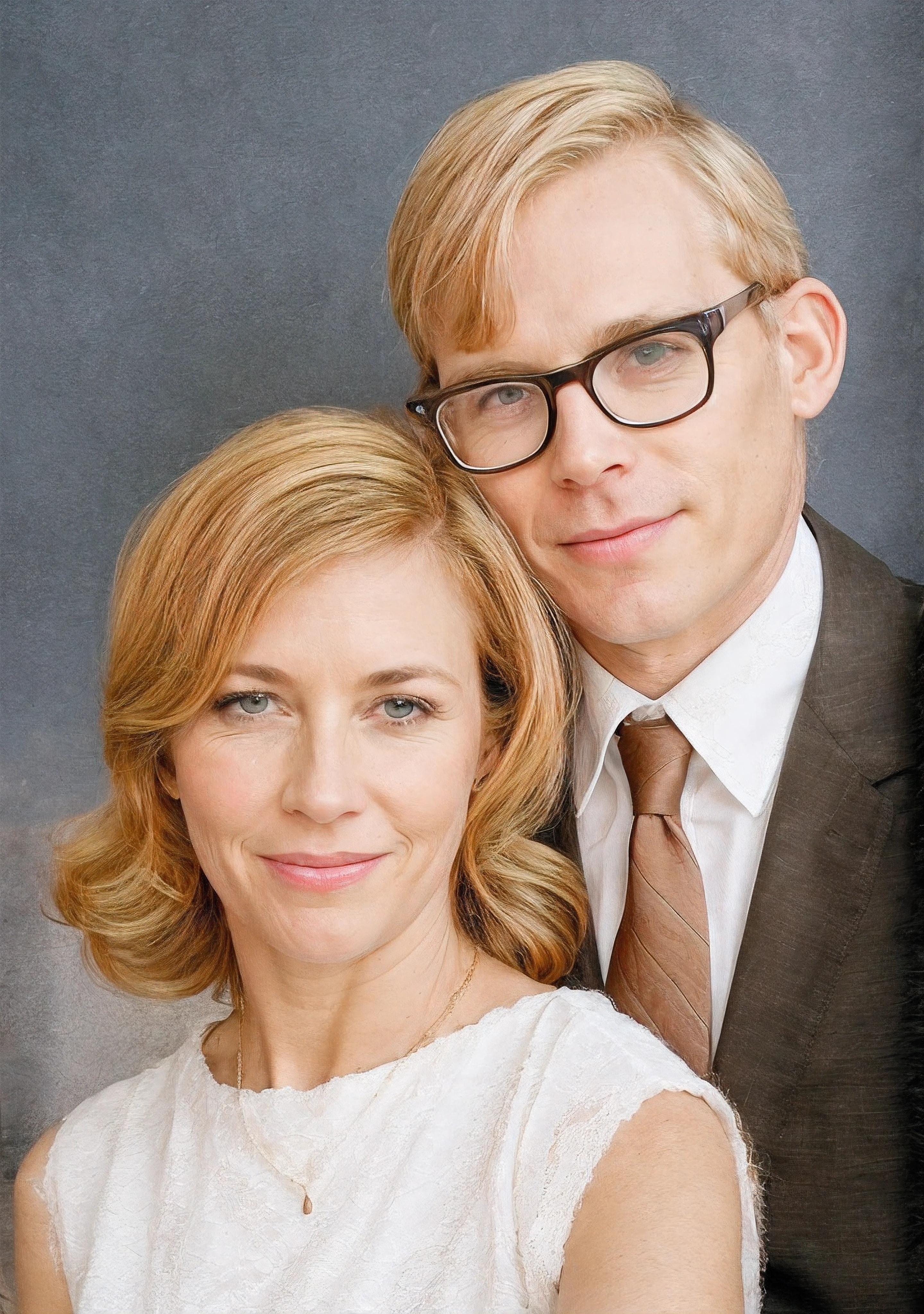 Casal homem e mulher, mulher de cabelo liso loiro, olhos azuis, white blouse with a string around the neck, homem de cabelo loiro, Blue eyes and glasses, fato de cor preta, camisa branca com gravata marrom com riscas pretas