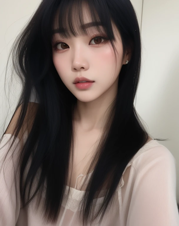 um close up de uma mulher com longos cabelos pretos usando um top rosa, menina coreana, Yoshitomo Nara, Ela tem cabelo preto com franja, young cute wan asian face, Ulzzang, Xision Wu, Asian girl, Beautiful Asian girl, Mulher sul-coreana bonita, linda mulher coreana jovem, preto hime corte cabelo