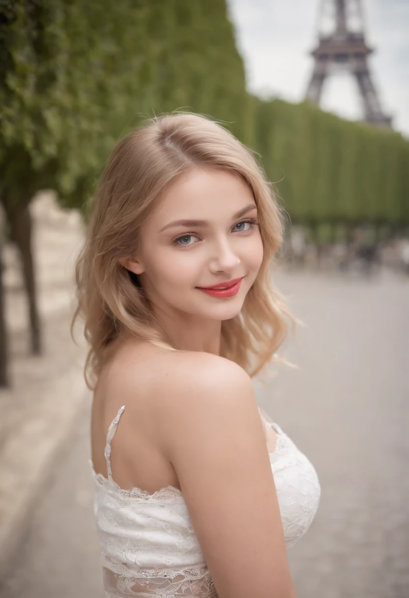 Beautiful young girl, round face, slavic features, sexy, charming, innocent, sweet, cute, wearing white lace underwear, bra and panties only, bright blond hair, red lips, open lips, barely visible beautiful white teeth, dark blue eyes, fleshy lips, bright skin, small waist, large breast 76c cup, large hips, best quality, masterpiece, high detail RAW color photo, professional photograph, (realistic, photorealistic:1.37), (high detailed skin:1.2), high resolution, beautiful detailed smiling eyes, cinematic lighting, professional lighting, detailed skin texture, insane details, intricate details, accent lighting, soft volumetric light, bokeh, (vivid colors:1.3), cross process, smiling, full body, long legs, background eiffel tower, paris, france.