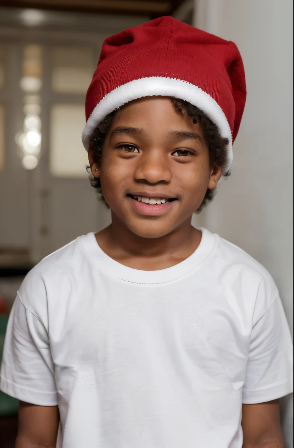 ****** 11 anos, child boy, 11 anos de idade, tema de natal gorro vermelho, em um estudio todo branco presentes a sua volta, ****** da pele preta, ****** do cabelo crespo, ****** pele escura, ****** usa uma tshirt branca sem nenhum desenho ou escrita, ****** usa um gorro vermelho de papai noel, will smith&#39;s son child.