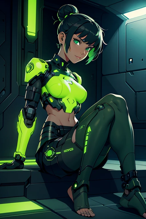 A beautiful, young, barefoot cyborg woman, wearing cybernetic technological black and green body armor with a skirt, prosthetic arms and legs , with short hair in a bun, in a futuristic room, sitting on the ground, happy facial expression.