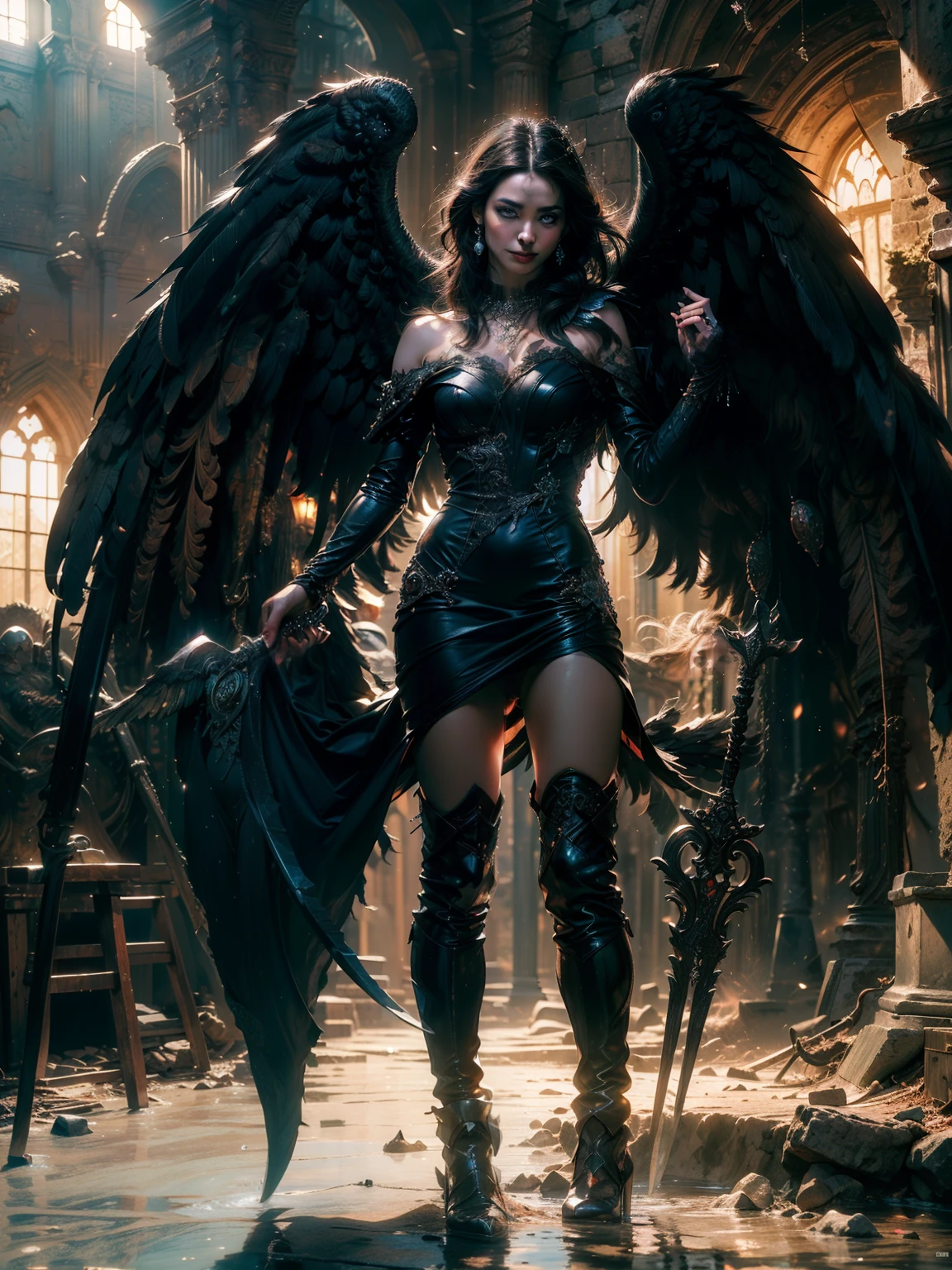 aravaggio painting; half-naked beautiful woman; in a dark gothic library; futuristic; with big robotic metal wings; the women is depressed and shows it with a lot of depression; with tubes connected to her body; realistic; with her in knees in the ground, doll limbs; she crying