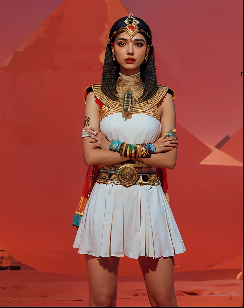 Isis from the series The Secrets of Isis, corpo bonito, medium bust, saia branca, vestido branco, orange glass circle on the forehead, belt with ancient Egyptian decorations, pyramids of Egypt in the background.