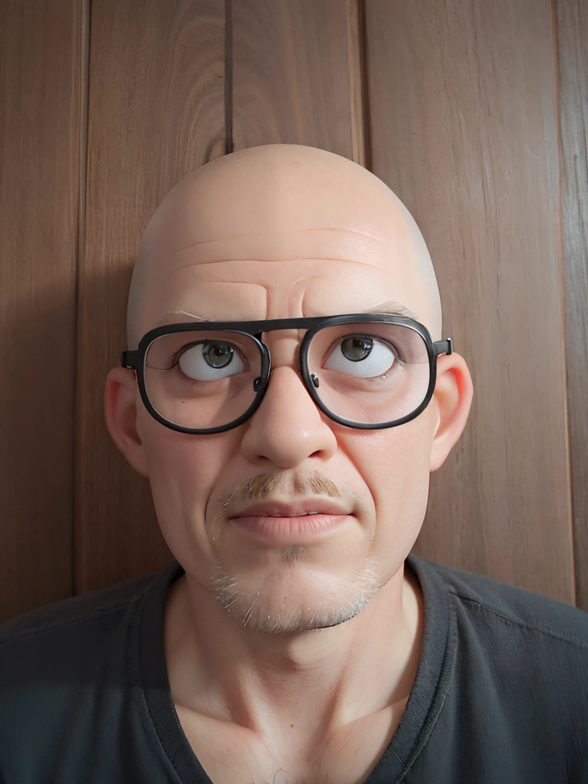 Man with glasses and black shirt in front of a wooden wall, sem cabelo, completamente careca;, Retrato de Careca, rosto raspado, careca com barba curta, bald man, restolho raspado, sem cabelo, bald head and menacing look, rosto raspado, parcialmente careca, shaved bald head, Homem de 4 0 anos, shaved head