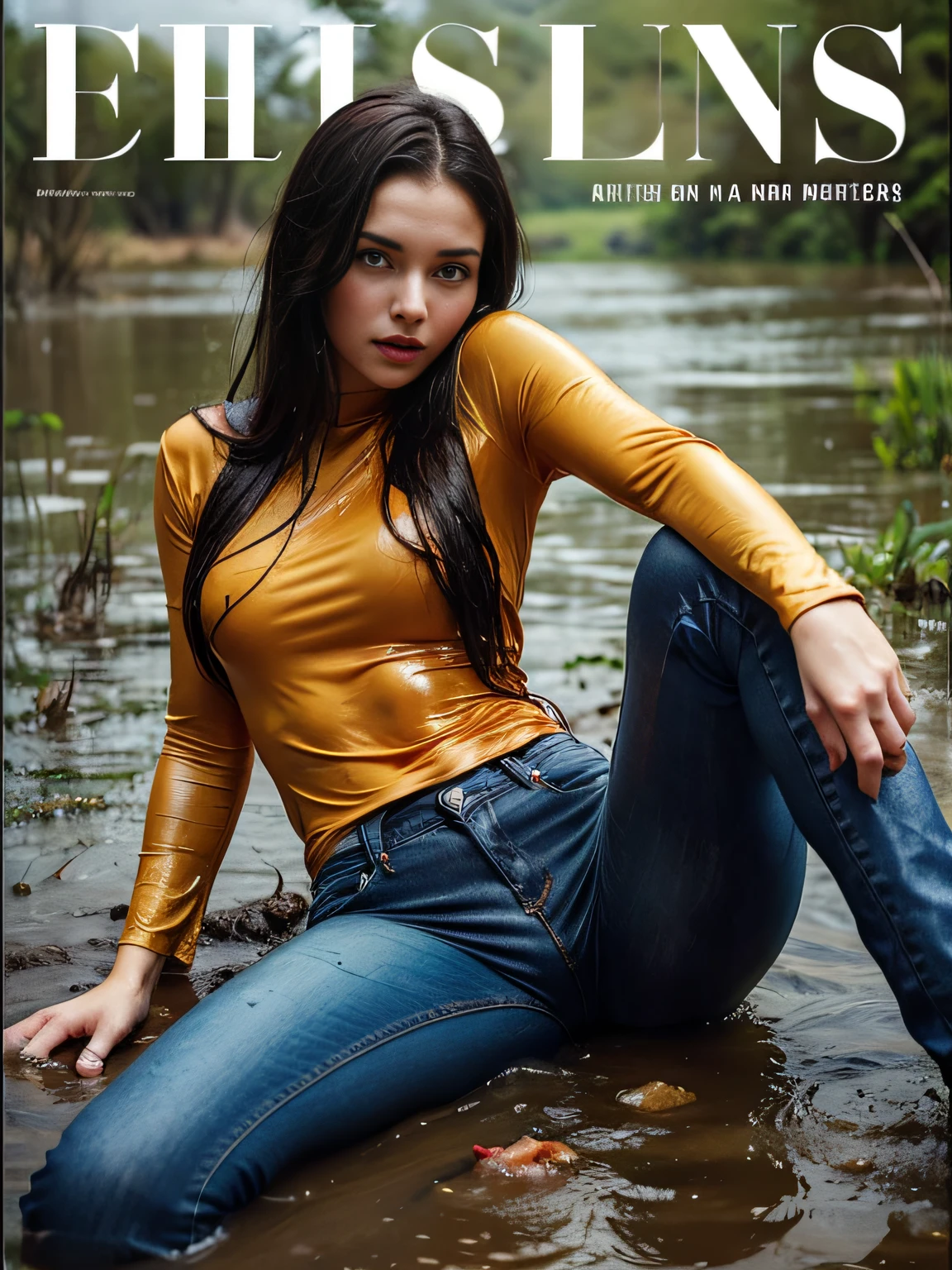 A woman sitting in the water wearing a yellow top and jeans SeaArt AI