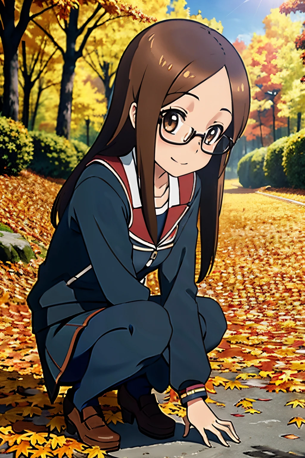 (Realistic),(Photorealistic),Takagi_San, 1girl in, Long hair,Brown hair, Part bangs, eye glasses,Brown eyes, Red face,Dark blue long coat,long black skirts, Long sleeves, Forehead, Black socks, brown shoes, Smile, Looking at Viewer, masutepiece,Full body, Best Quality, (Colorful),volumatic light, Ray tracing,the Extremely Detailed CG Unity 8K Wallpapers,Smile,((blow away fallen leaves)),In the forest of autumn leaves, Sunny,Sunshine, light, Fantasy, Windy, magic sparks,Colored leaves,The ground completely covered with fallen leaves.