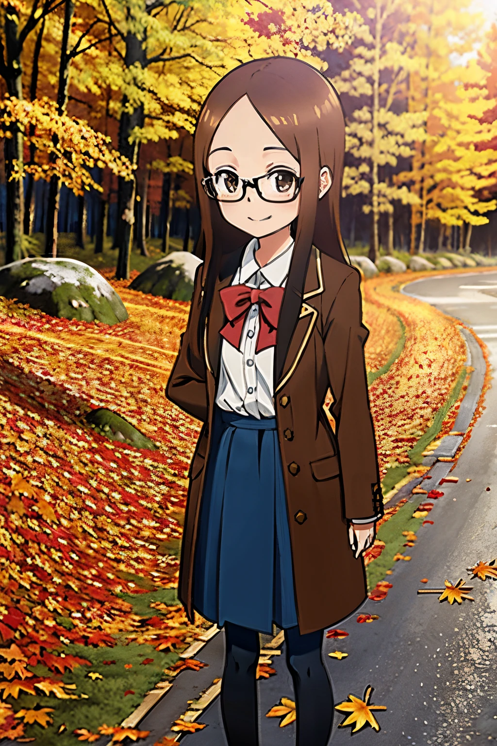 (Realistic),(Photorealistic),Takagi_San, 1girl in, Long hair,Brown hair, Part bangs, eye glasses,Brown eyes, Red face,Dark blue long coat,long black skirts, Long sleeves, Forehead, Black socks, brown shoes, Smile, Looking at Viewer, masutepiece,Full body, Best Quality, (Colorful),volumatic light, Ray tracing,the Extremely Detailed CG Unity 8K Wallpapers,Smile,((blow away fallen leaves)),In the forest of autumn leaves, Sunny,Sunshine, light, Fantasy, Windy, magic sparks,Colored leaves,The ground completely covered with fallen leaves.