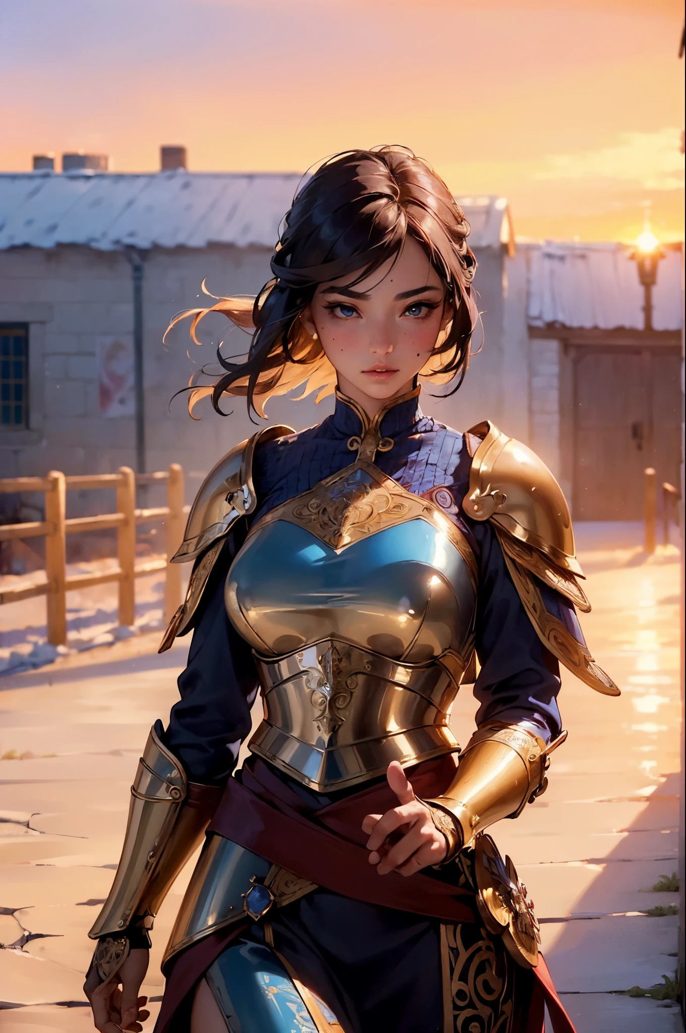 (masterpiece, best quality:1.4), (beautiful, perfect, delicate, detailed, intricate, aesthetic:1.2), realistic, cinematic shot, cinematic lighting, cinematic bloom, dramatic light, (1girl), warrior woman walking through the streets of a viking village, (fantasy, nordic fantasy, epic), (perfect face, detailed face, glossy lips, eyeliner, blush), (valkyrie bronze armor), (sunset:1.4), (curvy body:0.8),