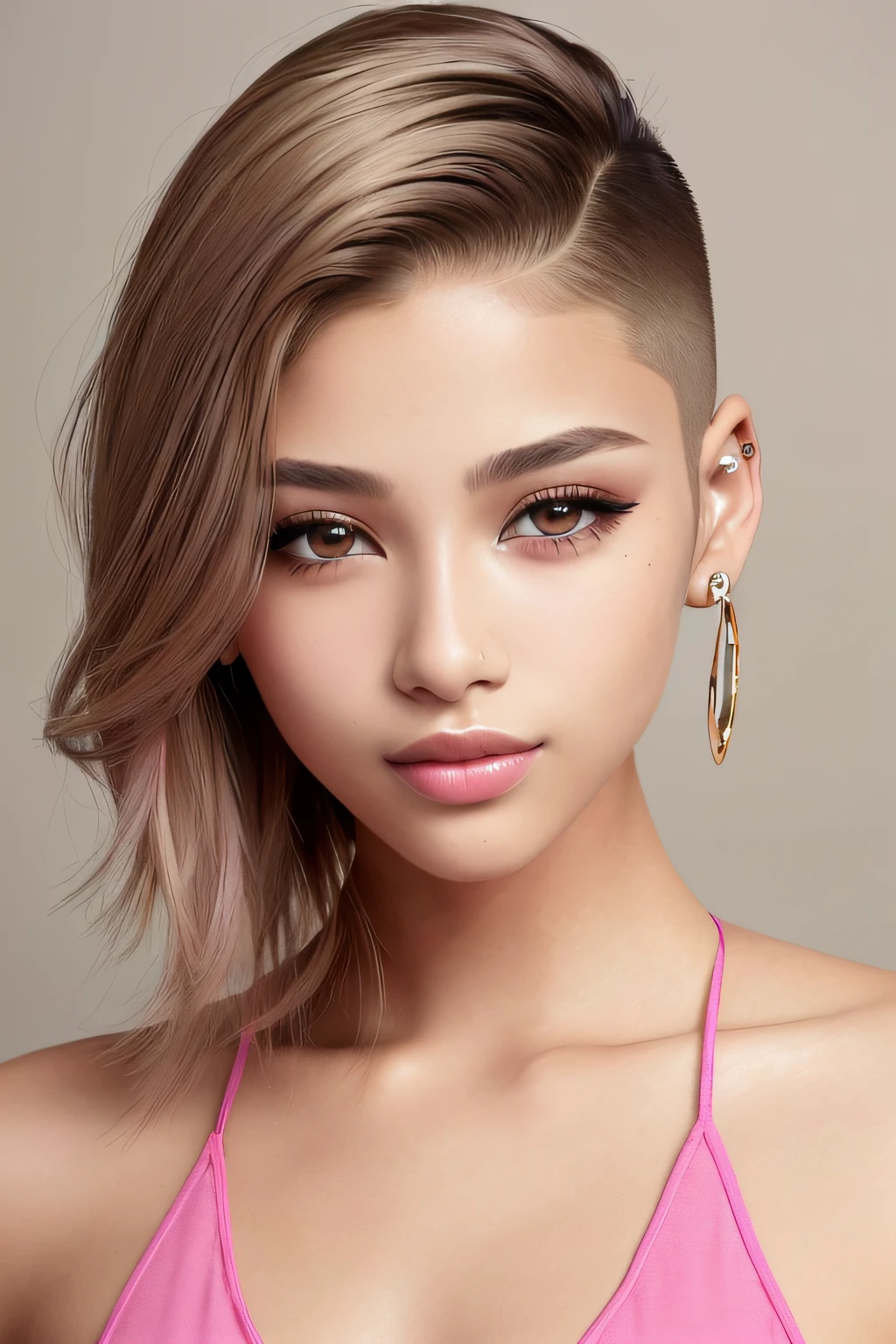 beautiful girl, brown_eyes, ((beautiful slim teenage girl 18 year old, hair color [Dirty blonde hair], [undercut pixie] hair)), earrings, lips, realistic, narrow waist, charming, pink lipstick, colorful makeup, long eyelashes, earrings, wearing eyeliner, fair skin, (cute), (detailed face), detailed eyes, detailed iris