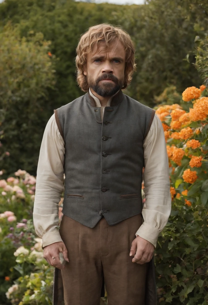 The image is of Tyrion standing in a lush garden, surrounded by colorful flowers and plants.,Game of Thrones TV series,Tyrion Lannister, a prominent character from “Game of Thrones,” is distinctive for his short stature due to dwarfism, but he more than compensates with his sharp, expressive eyes and a charismatic, knowing smile. His appearance is further characterized by his well-groomed beard and hair, alongside rich, finely tailored clothing that reflects his high-born status.