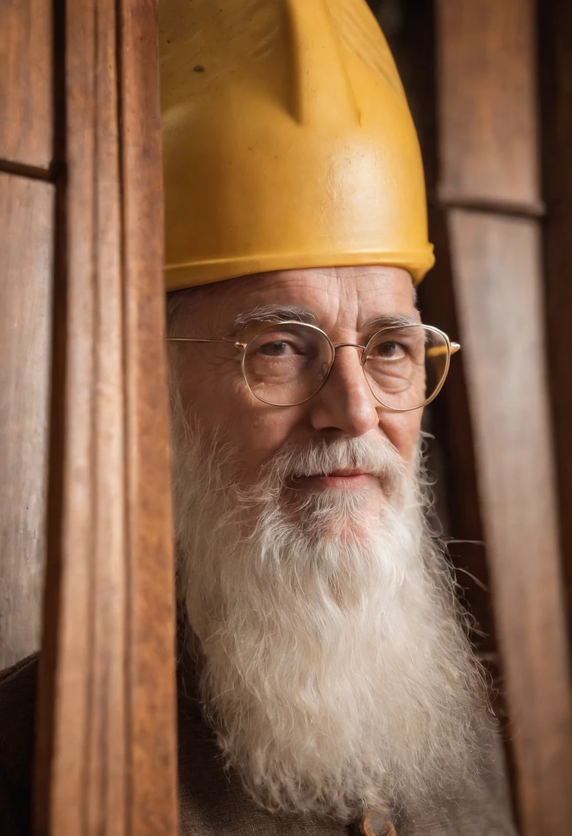A beautifully crafted wooden cabinet with intricate carvings and a polished finish.,original,He has a long white beard and is close to 70 years old. He wear wore rimmed glasses and a yellow safety hat at all times