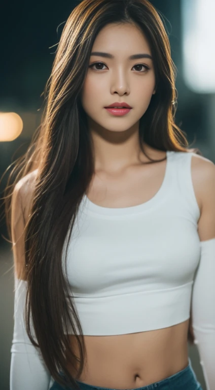((Realistic lighting, Best quality, 8K, Masterpiece: 1.3)), Clear focus: 1.2, 1girl, Perfect Figure: 1.4, Slim Abs: 1.1, ((Dark brown hair)), (White crop top: 1.4), (Outdoor, Night: 1.1), City streets, Super fine face, Fine eyes, Double eyelids, beautiful long hairs, crazy long hairs, super long hairs, long hair, crazy long hairs, super long hairs